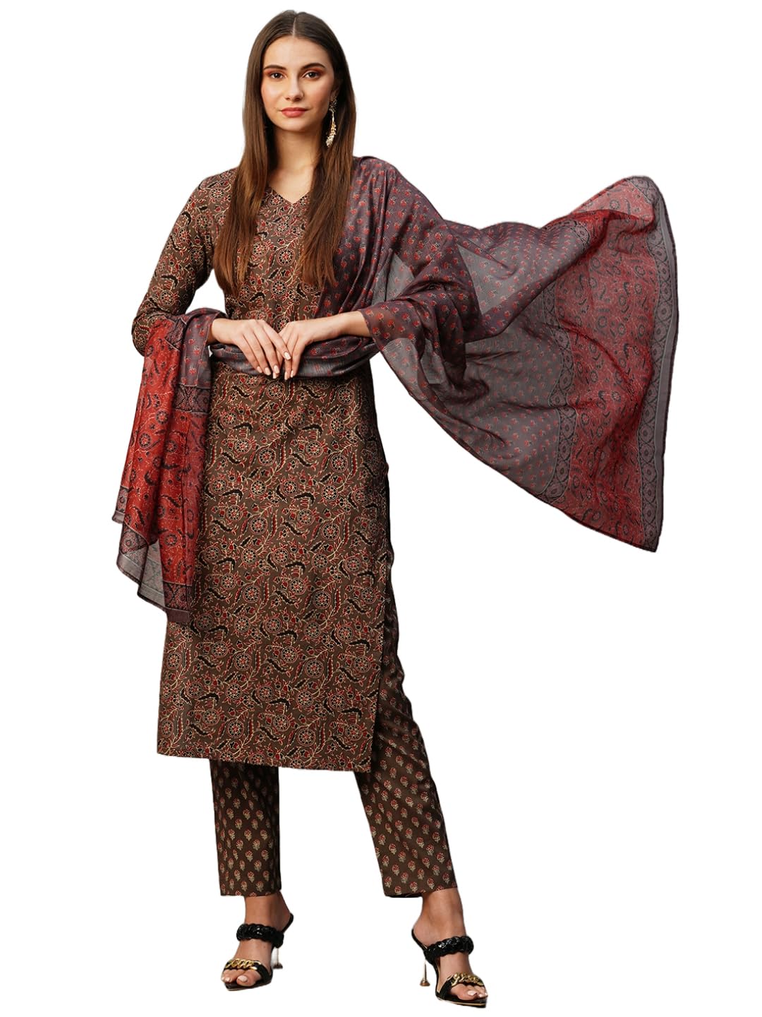 Anni Designer Women'S Cotton Blend Straight Printed Kurta With Pant & Dupatta (Mana Brown-Nw_S_Brown_Small),Brown,S