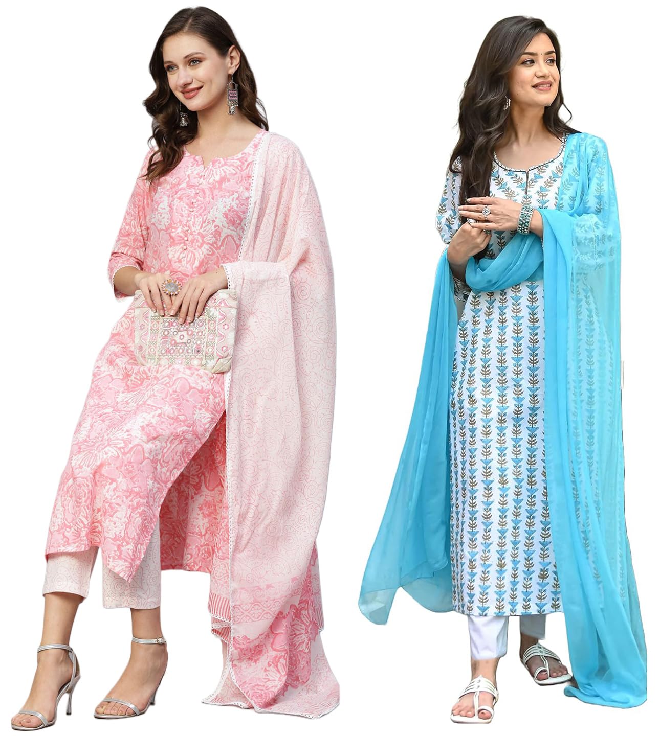 Anni Designer Women'S Cotton Blend Printed Straight Kurta With Pant & Dupatta Pack Of 2 (Combo-Prem Pink-April-Sky Blue_Xxl_Multi_Xx-Large),Multicolour,2XL