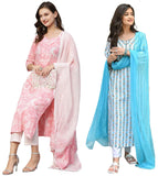 Anni Designer Women'S Cotton Blend Printed Straight Kurta With Pant & Dupatta Pack Of 2 (Combo-Prem Pink-April-Sky Blue_L_Multi_Large),Multicolour,L