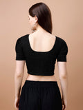 Pujia Mills Women'S Readymade Shining Lycra Stretchable Round Neck Half Puff Sleeve Blouses Lycra Stretchable Black Color Blouse For Women Readymade Saree Blouse Black Xl
