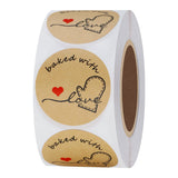 Hybsk Rustic Baked with Love Stickers with Wreath Around 1.5 Inch Round Total 500 Adhesive Labels Per Roll(Kraft)