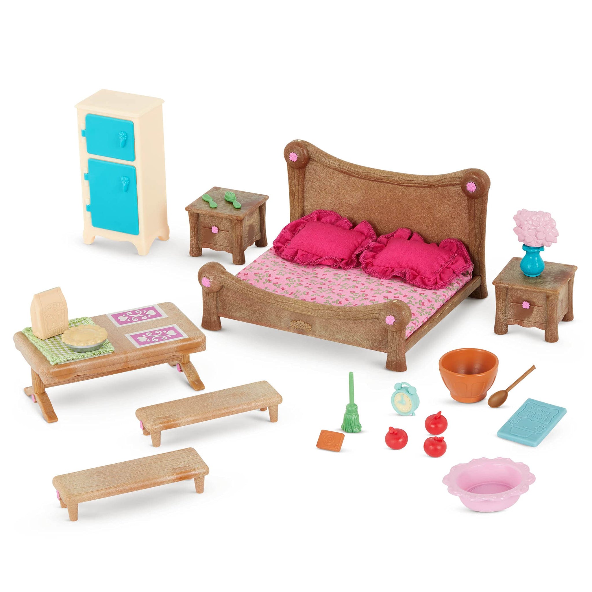 Li 'l Woodzeez Master Bedroom & Dining Set - Miniature Furniture and Kitchen Accessories - 26pc Toy Set with Bed, Table, Fridge,
