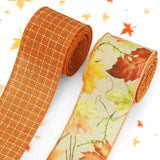 Threetols 2 Rolls 10 Yards Fall Wired Edge Ribbons, 2.5inch Orange Plaid Burlap Ribbon, Autumn Maple Leaves Ribbon for Harvest T