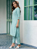 Sanisa Women'S Chinnon Sequence And Embroidery Work Straight Kurta With Pant And Dupatta Set (162Kbd1741N-L_Pale Turquoise)