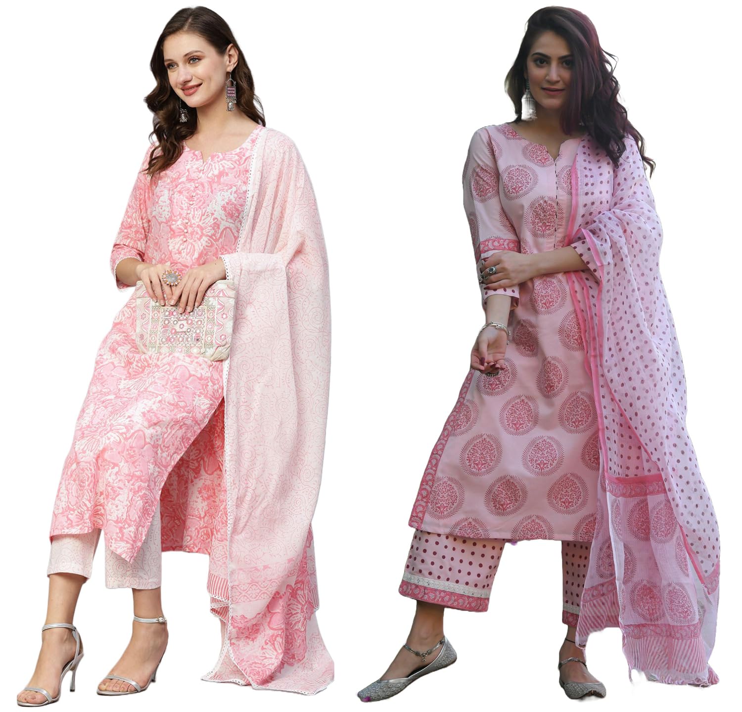 Anni Designer Women'S Cotton Blend Printed Straight Kurta With Pant & Dupatta Pack Of 2 (Combo-Prem Chhapa-Pink_Multicolor_Small),Multicolour,S,,,