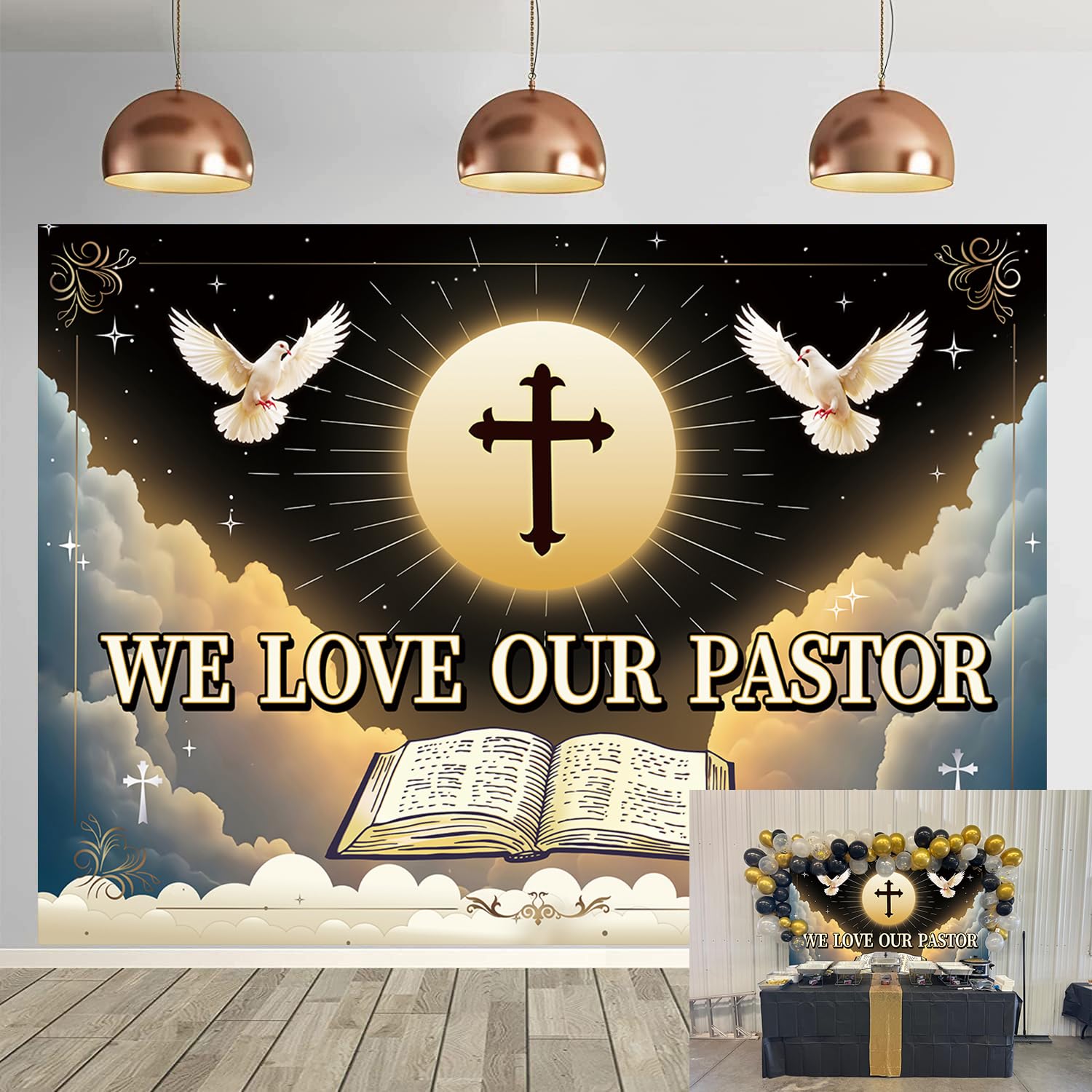 We Love Our Pastor Backdrop 7x5FT Pastor Appreciation Banner Background for Church Cross Christian Thanksgiving Party Decoration