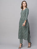 Anni Designer Women'S Cotton Blend Straight Printed Kurta With Pant (Yami Green_L_Green_Large),Green,L,Cotton Blend,Regular,Kurta