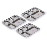 Sumeet Stainless Steel Rectangular 5 in 1 Compartment Lunch/Dinner Plate Set of 3Pcs, 37.4cm Dia, Silver