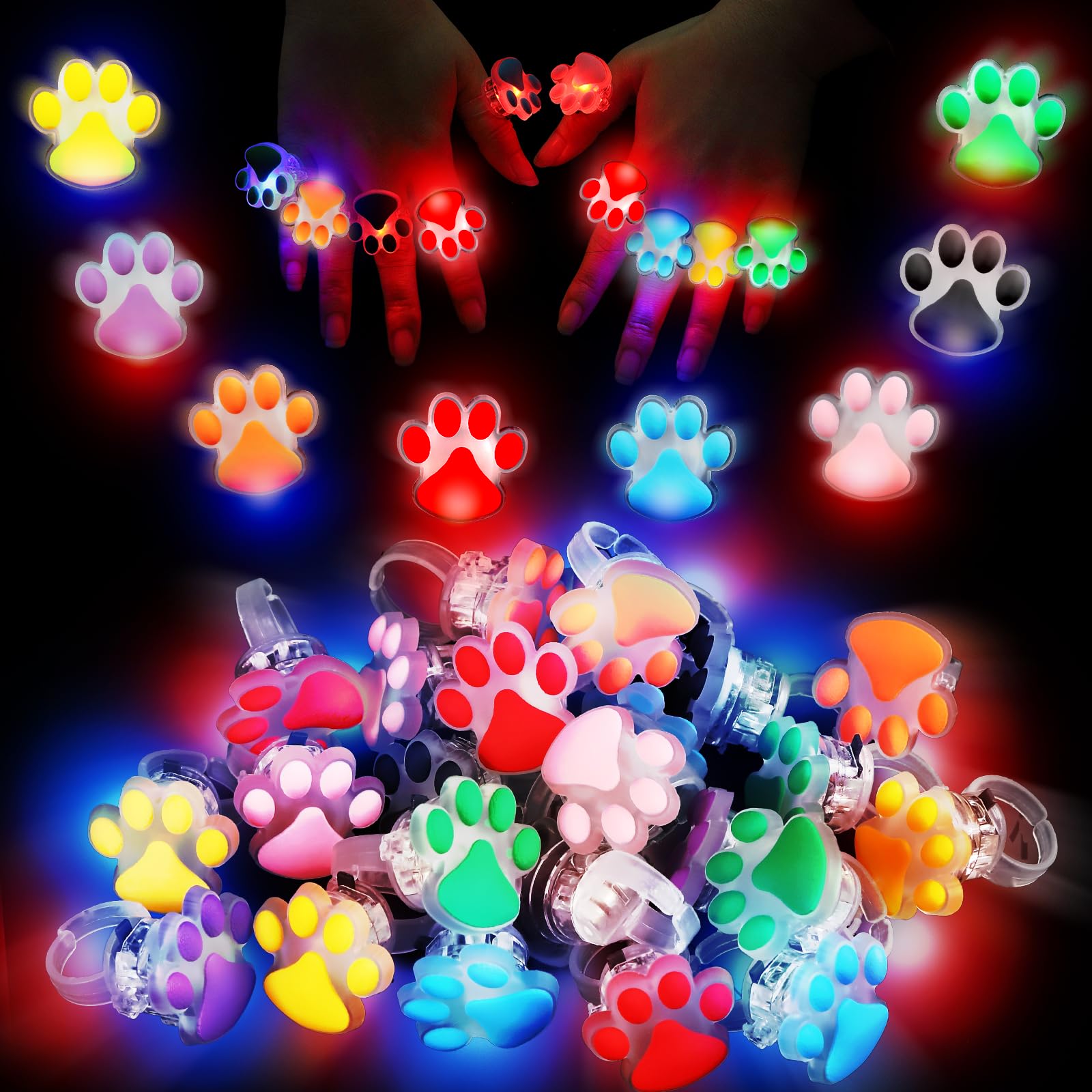 TUWUNA Paw Print LED Light Up Rings 24 Pcs Paw Party Favors Glowing Finger Rings Toys for Pet Puppy Dog Birthday Party Supplies,