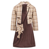 Cutecumber GirlS Drop Needle Chenille Solid Dark Brown Shift Dress With Polyester Checkered Full Sleeves Short Jacket & Sling B