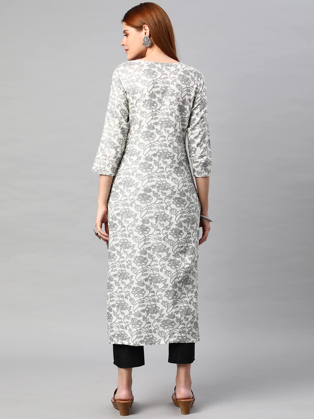 Anni Designer Women'S Cotton Blend Traditional Straight Printed Kurta And Pant Set (Amd 31-Grey_L_Grey_Large),Grey,L,Cotton Blend,Regular,Pants, Kurta