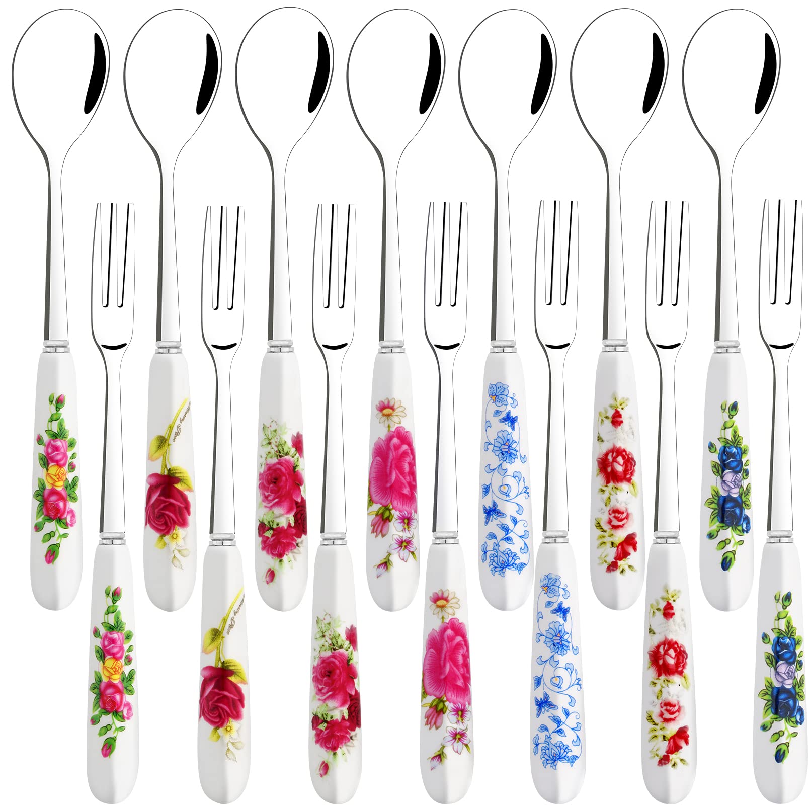 14 Pcs Dessert Forks and Spoons Silverware Set,Stainless Steel Small Appetizer Forks,Mini Coffee Spoons Salad Fork with Ceramics