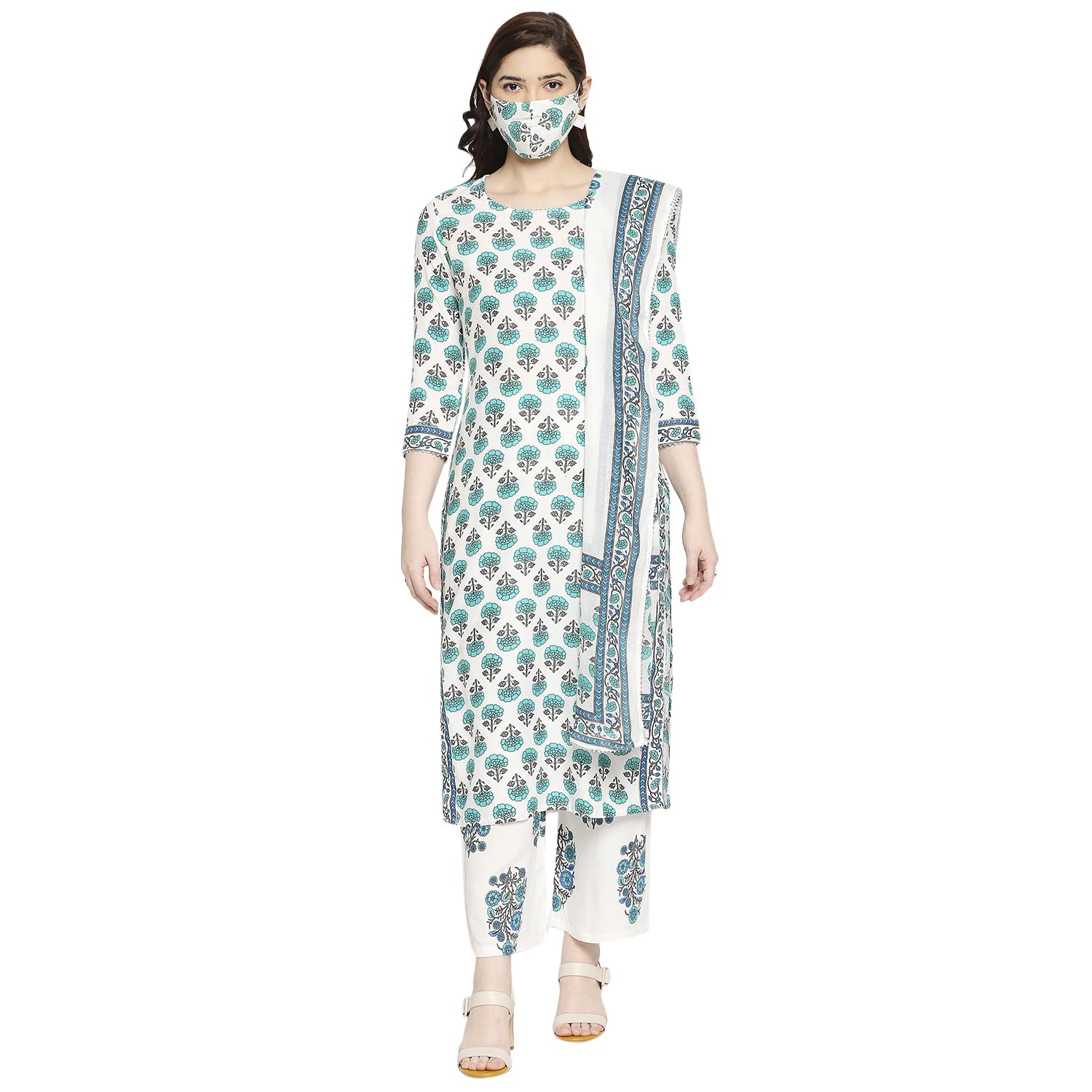 Anni Designer Women'S Cotton Straight Kurta With Palazzo & Dupatta (Jaipuri Sea Green_Gsk_M_Sea Green_Medium),Sea Green,M