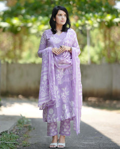 Gosriki Women'S Cotton Blend Printed Straight Kurta With Pant & Dupatta (Zuri Purple-Gs_Xl_Purple_X-Large),Purple,,B0D41QZH5H