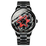 Oculus Men'S Racing Rim Design Rolling Car Red Eye, 360 Spinning Rotating Gyro Dial, Black Stainless Steel Band Quartz Movement,