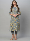 Anni Designer Women'S Cotton Blend Straight Printed Kurta With Pant Set (Prachi Blue_3Xl_Blue_Xxx-Large),Blue,3XL,Cotton Blend,Regular,