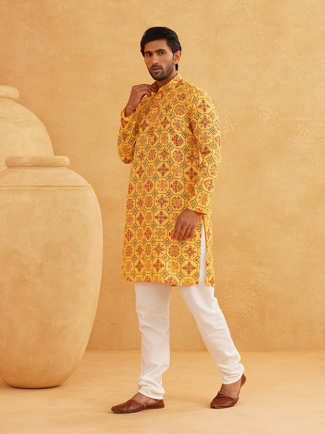 Sojanya (Since 1958 Men'S Cotton Linen Yellow & Multi Print Only Long Kurta Yellow & Multi 2Xl
