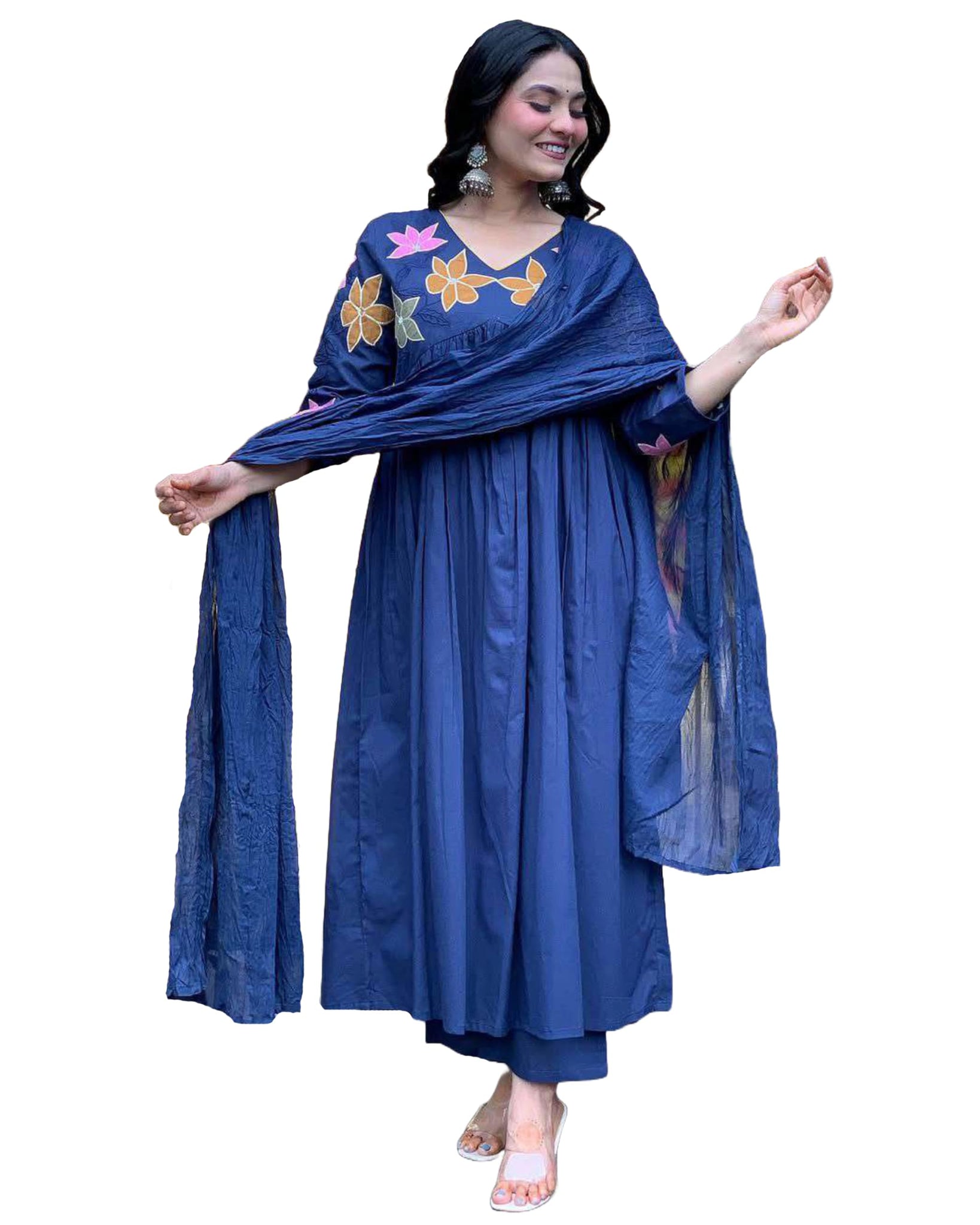 Anni Designer Women'S Rayon Viscose Anarkali Printed Kurta With Pant & Dupatta (Jisma Blue_M_Blue_Medium),Blue,M,,,
