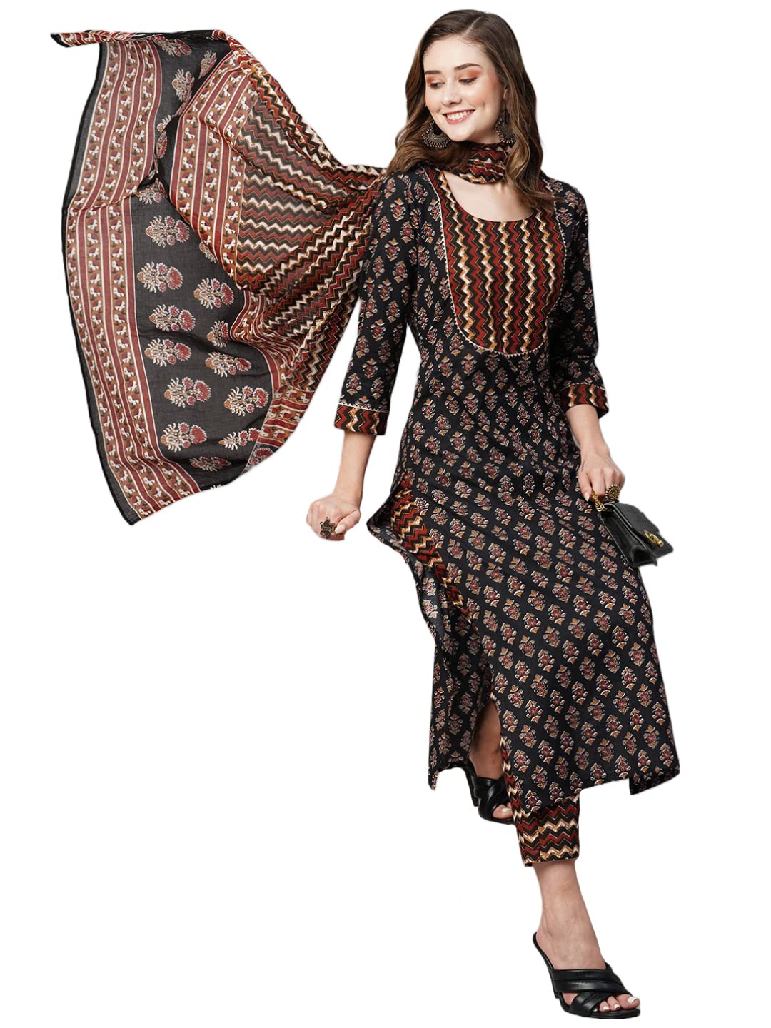 Anni Designer Women'S Cotton Blend Straight Printed Kurta With Pant & Dupatta (Manita Black_Xl_Black_X-Large),Black,XL