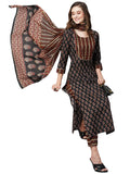 Anni Designer Women'S Cotton Blend Straight Printed Kurta With Pant & Dupatta (Manita Black_Xl_Black_X-Large),Black,XL