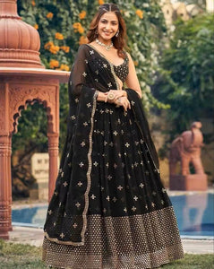 Fashion Basket Georgette Stiched Lehenga Set For Women (Black)