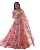 Women Floral Print Anarkali Kurta With Pant And Dupatta (Large Light Pink),Light Pink,L
