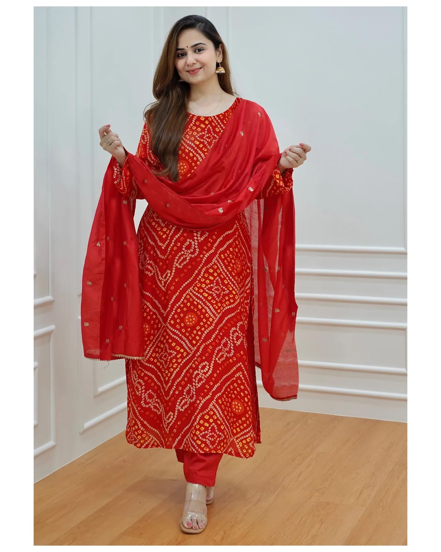 Gosriki Women'S Rayon Blend Straight Bandhani Printed Kurta With Pant & Dupatta (Nagwar Red-Gs_M_Red_Medium),Red,,B0DFY19KHX