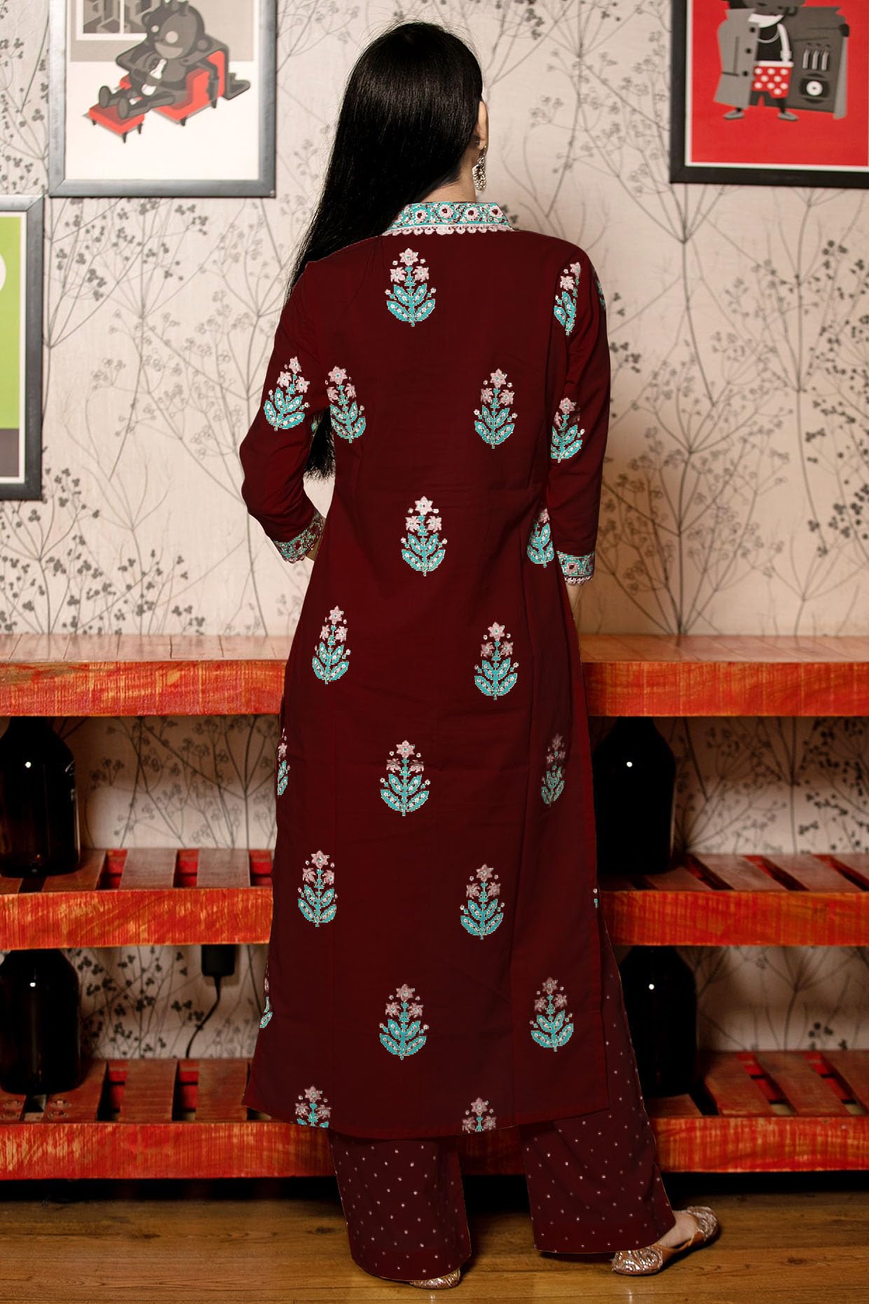 Anni Designer Women'S Rayon Viscose Floral Regular Kurta With Pant & Dupatta (Belagavi Mustard_Wine_Medium),Wine,M,Rayon,Regular,