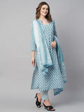 Anni Designer Women'S Cotton Blend Straight Printed Kurta With Pant & Dupatta (Sadhna Blue_Xl_Blue_X-Large),Blue,XL,,,