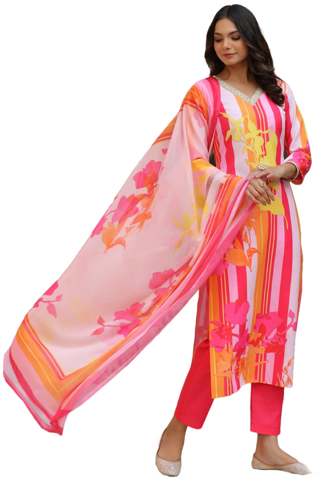 Anni Designer Women'S Cotton Blend Straight Printed Kurta With Pant & Dupatta (Kapila Pink_L_Pink_Large),Pink,L