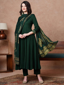 Gosriki Women'S Rayon Blend Solid Anarkali Kurta With Pant & Dupatta (Magic-Green-Nb-Gs_Xxl_Green_Xx-Large),Green,2,B0CX15M7NT