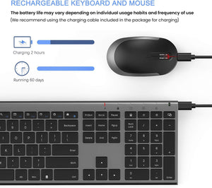 Wireless Keyboard and Mouse, Vssoplor Rechargeable Quiet Full-Size Keyboard and Mouse Combo Set Ultra Slim Design for Laptop, PC