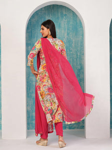 Gosriki Women'S Cotton Blend Printed Straight Kurta With Pant & Dupatta (Ruth Pink-Nw-Gs_M_Pink_Medium),Pink,,B0D4J721MC