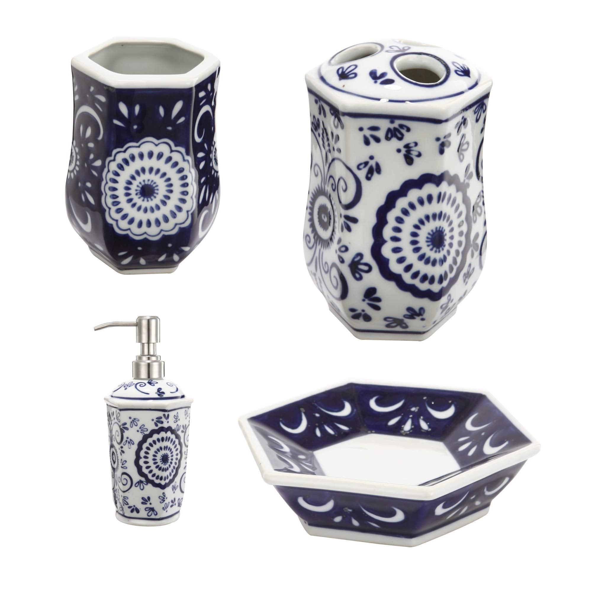 Benjara Elegantly Crafted Bath Accessories, Set Of 4, Blue And White