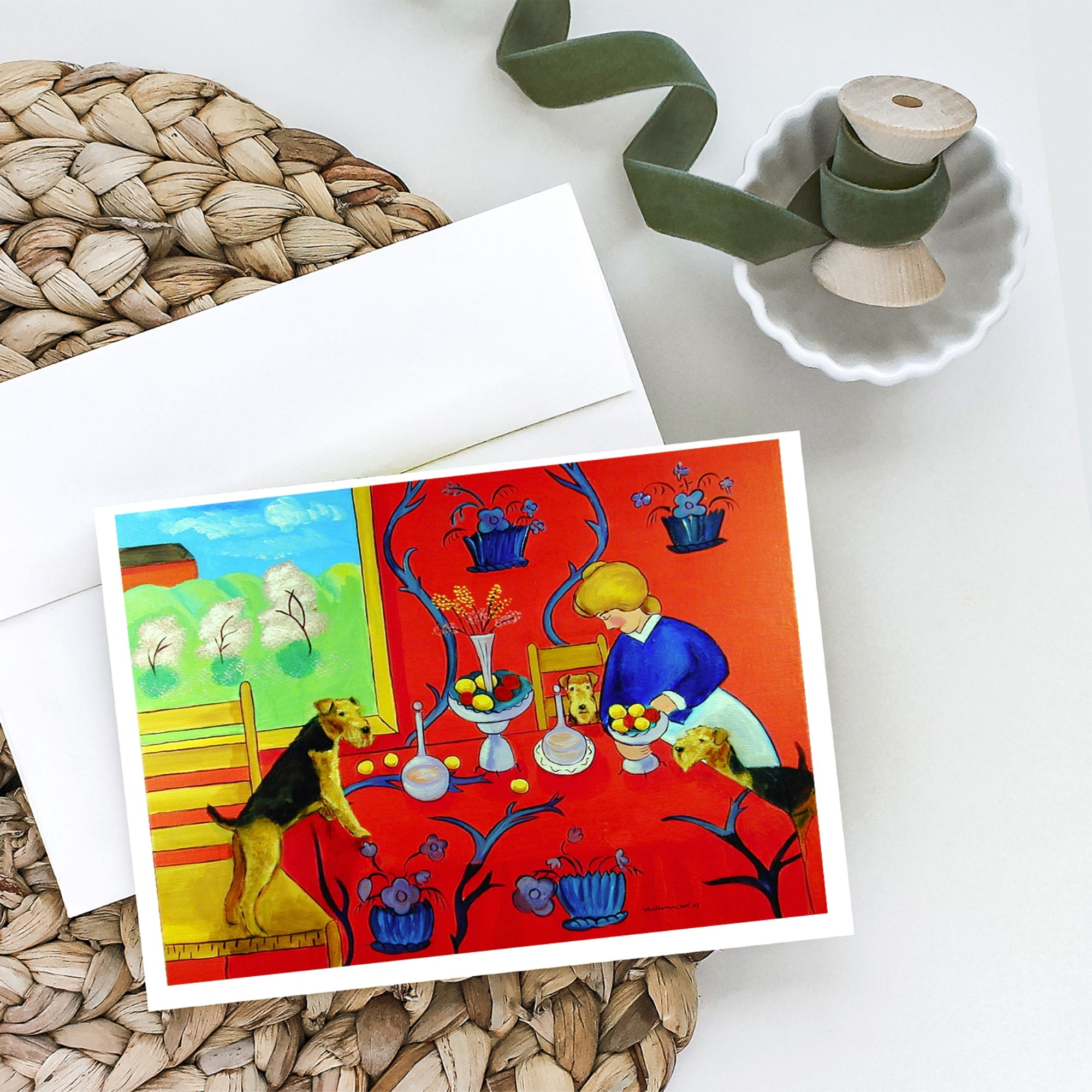 Airedale Terrier With Lady In The Kitchen Greeting Cards And Envelopes Pack Of 8