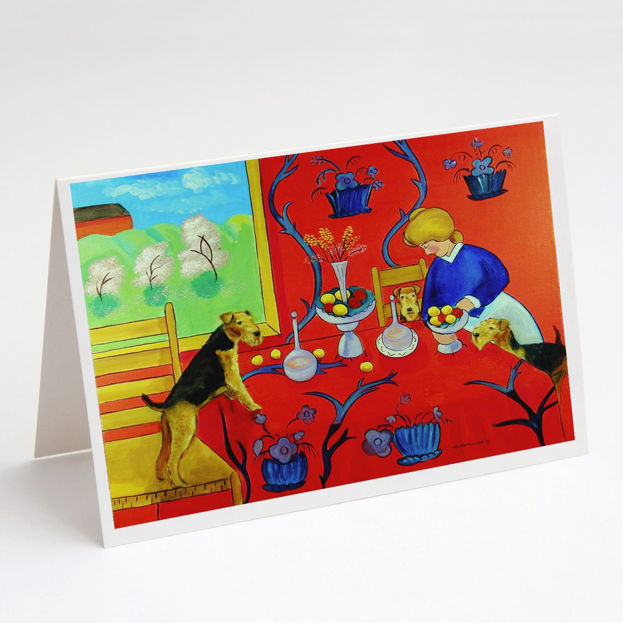 Airedale Terrier With Lady In The Kitchen Greeting Cards And Envelopes Pack Of 8