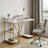 47 White and Gold Wood and Steel Pedestal Computer Desk