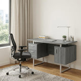 51 Gray and Silver Wood and Steel Pedestal Executive Desk With Two Drawers