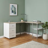 59 Sand Silver and White Wood and Steel L Shape Pedestal Computer Desk With Three Drawers