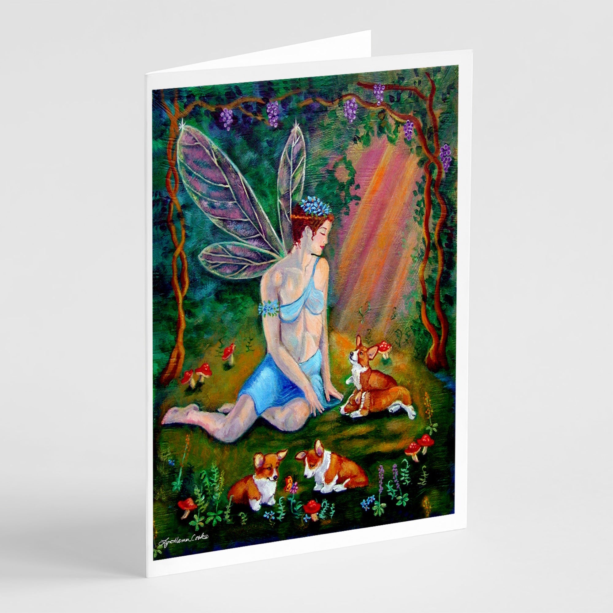 Fairy In The Woods With Her Corgis Greeting Cards And Envelopes Pack Of 8