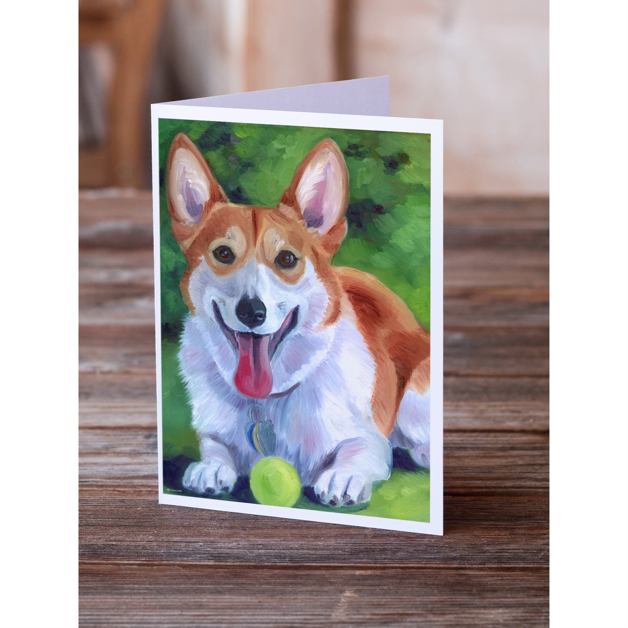 Corgi With Green Ball Greeting Cards And Envelopes Pack Of 8