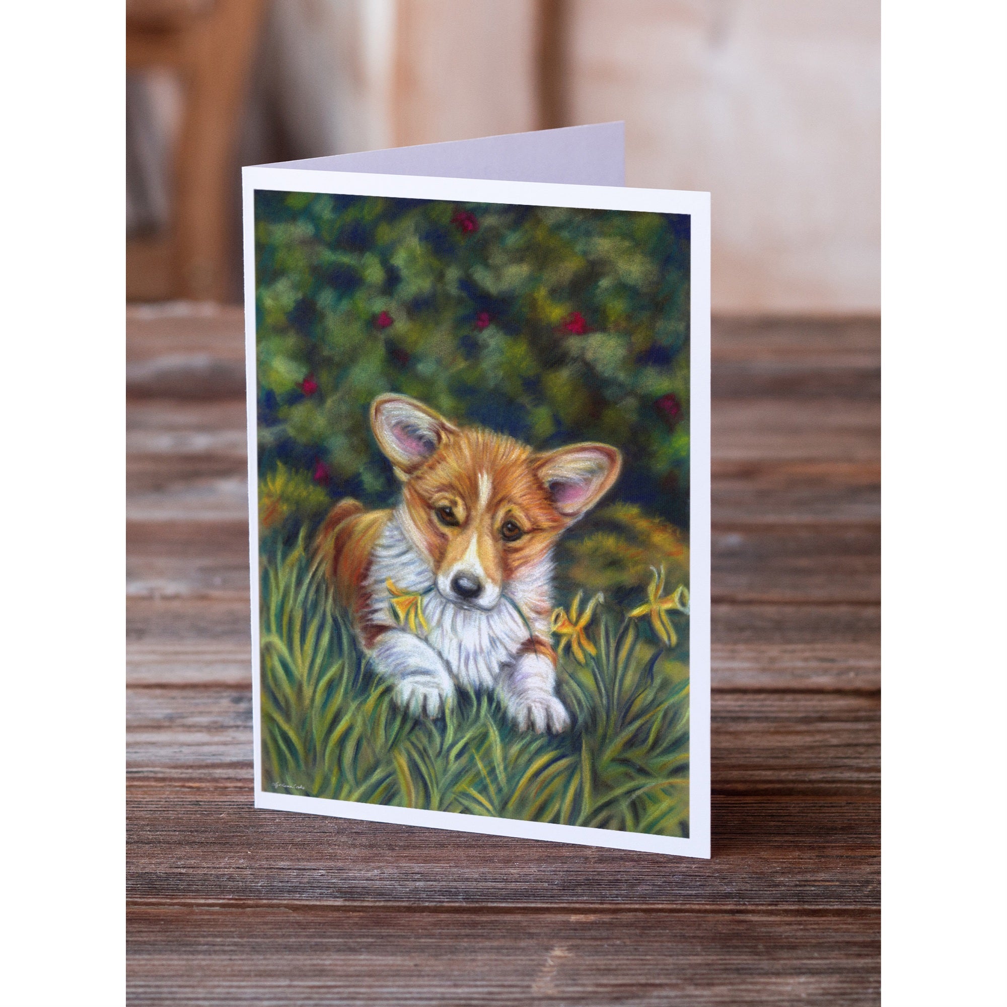 Corgi Pup And Daffodils Greeting Cards And Envelopes Pack Of 8