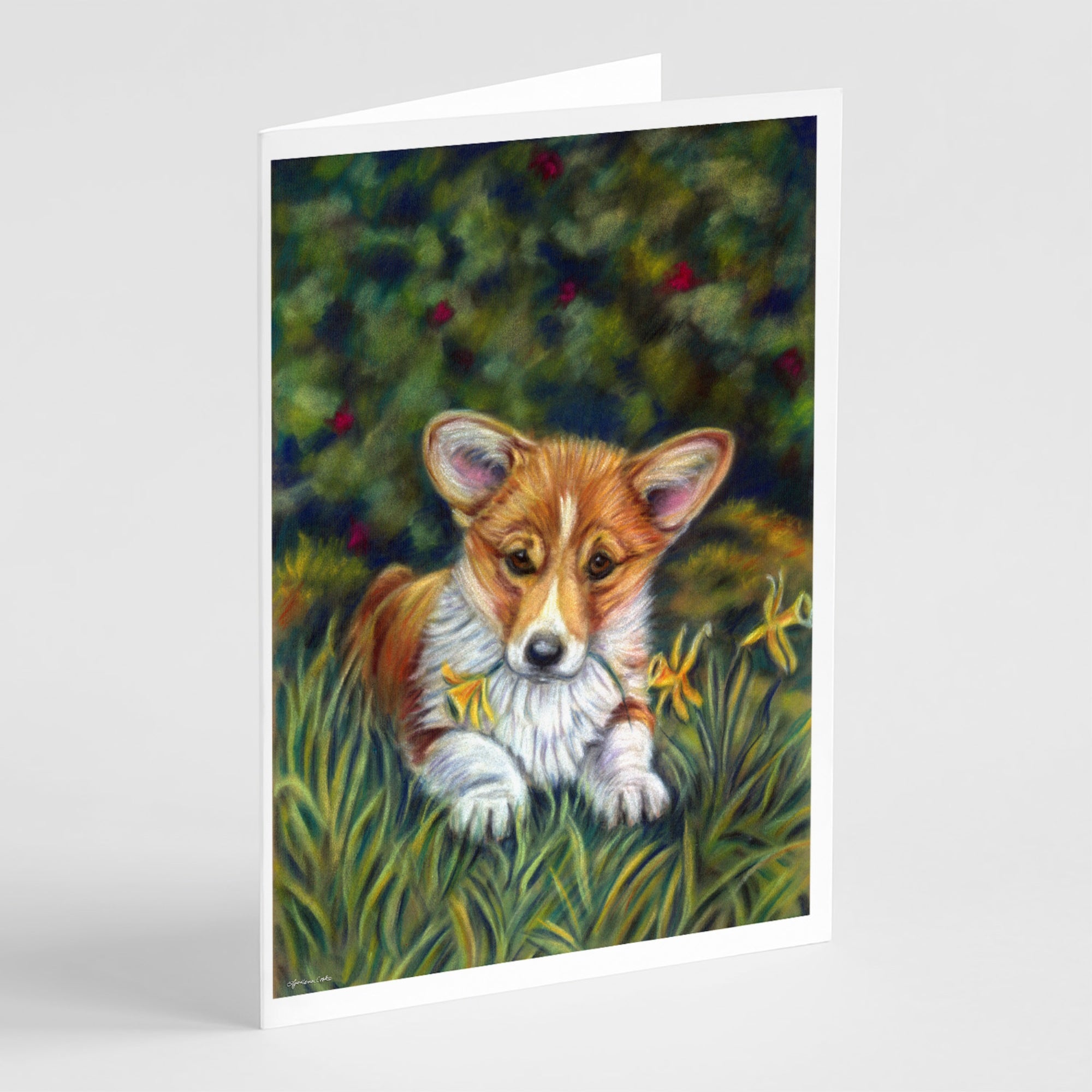 Corgi Pup And Daffodils Greeting Cards And Envelopes Pack Of 8