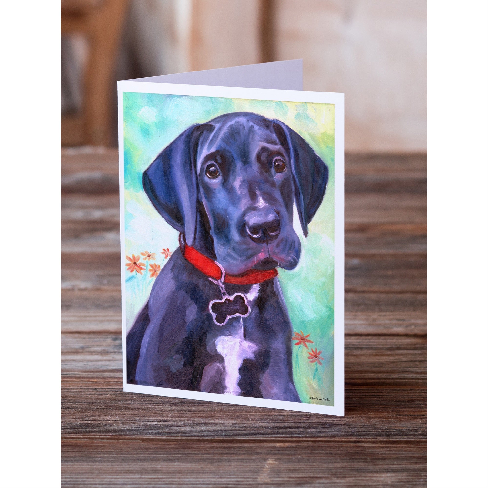 Great Dane Natural Ears Black Pup Greeting Cards And Envelopes Pack Of 8