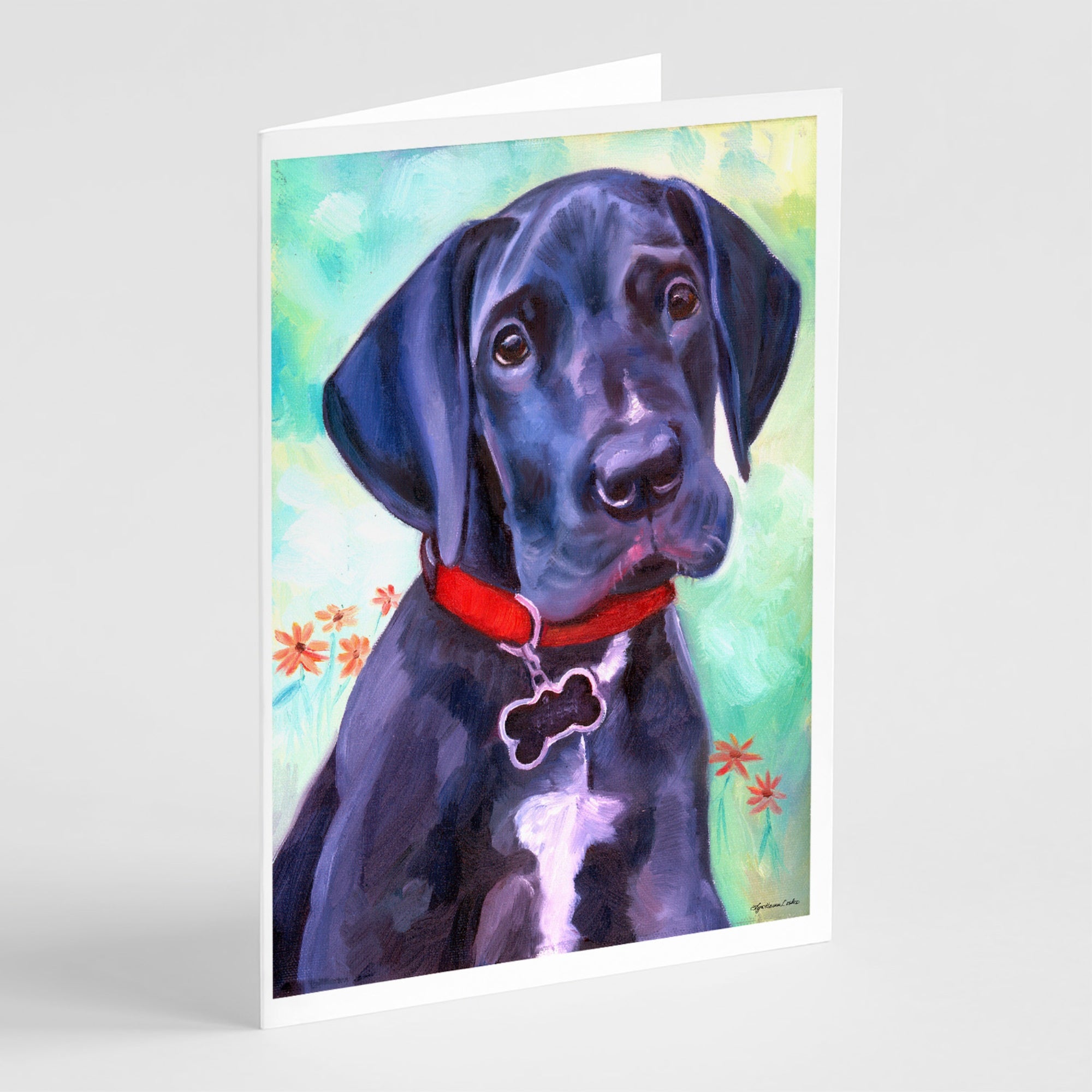 Great Dane Natural Ears Black Pup Greeting Cards And Envelopes Pack Of 8