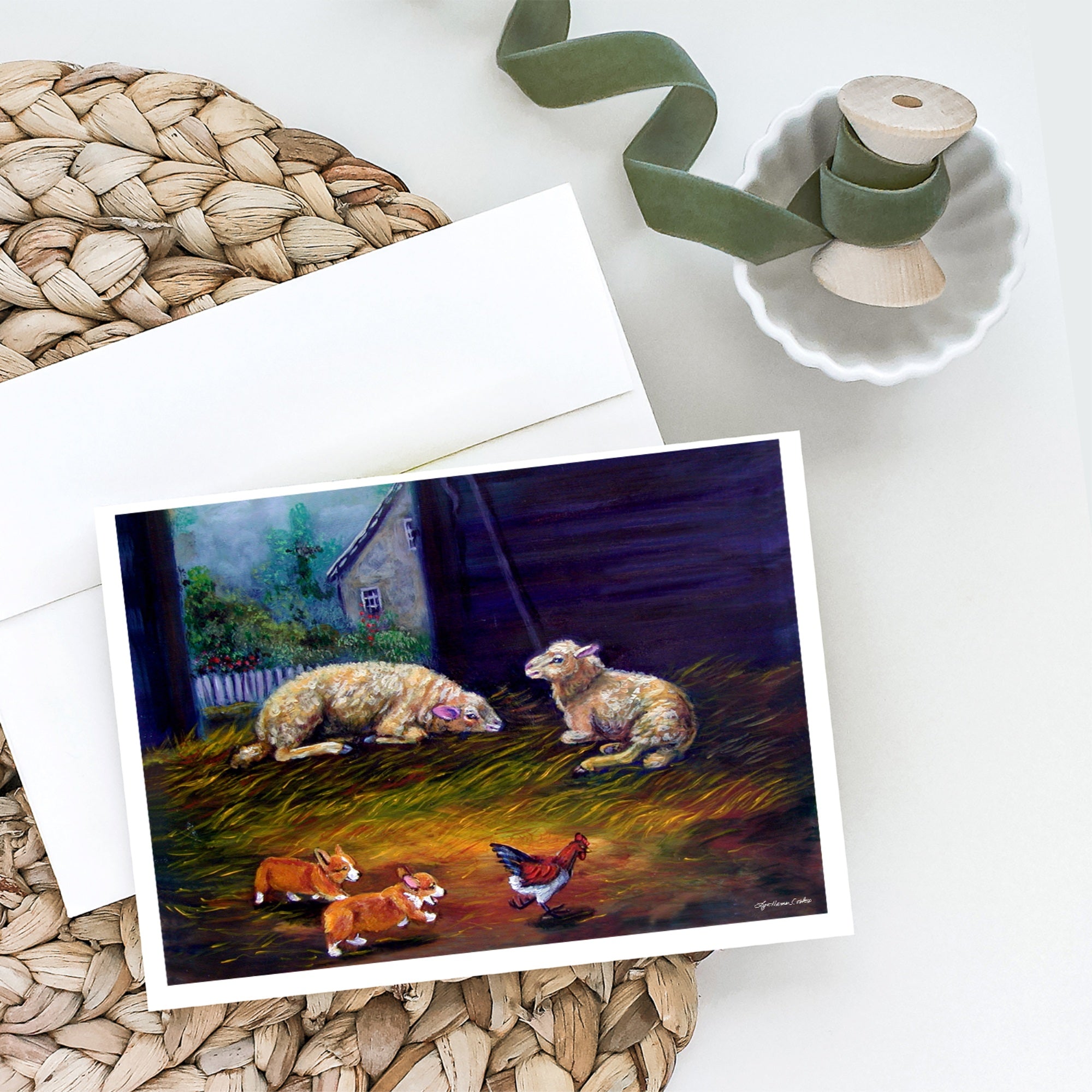 Corgi Chaos In The Barn With Sheep Greeting Cards And Envelopes Pack Of 8