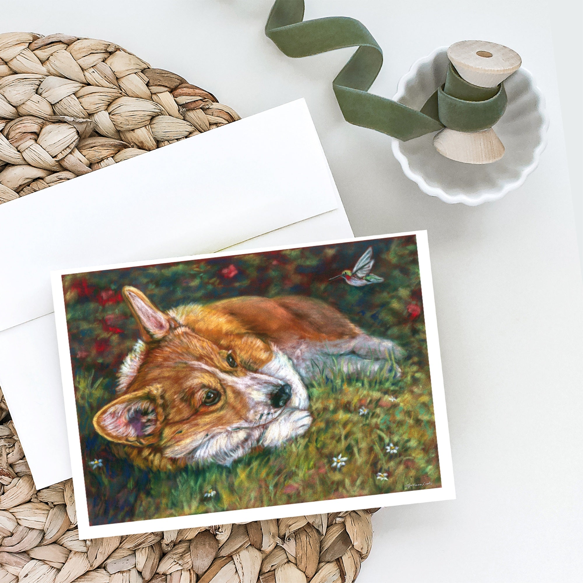 Corgi Pastel Hummingbird Greeting Cards And Envelopes Pack Of 8