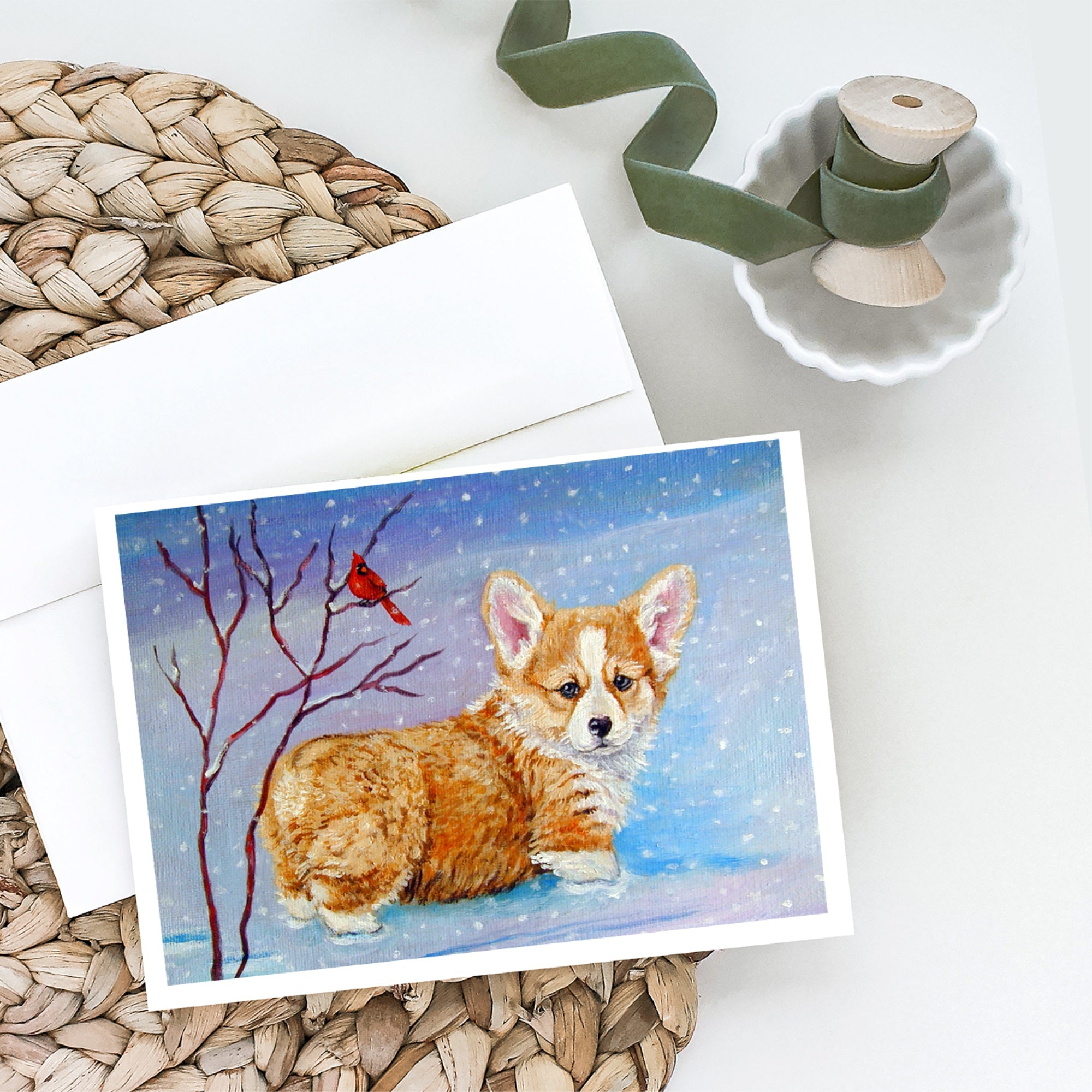 Corgi Pup Snow Cardinal Greeting Cards And Envelopes Pack Of 8