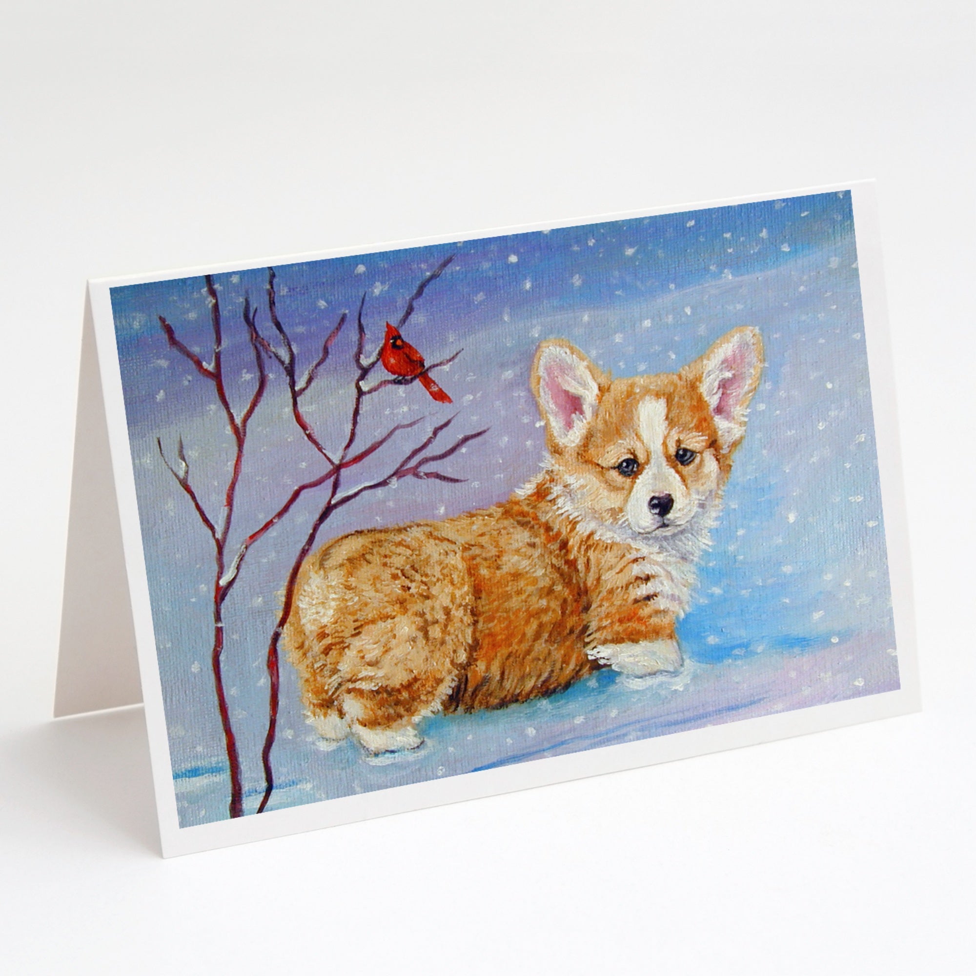 Corgi Pup Snow Cardinal Greeting Cards And Envelopes Pack Of 8