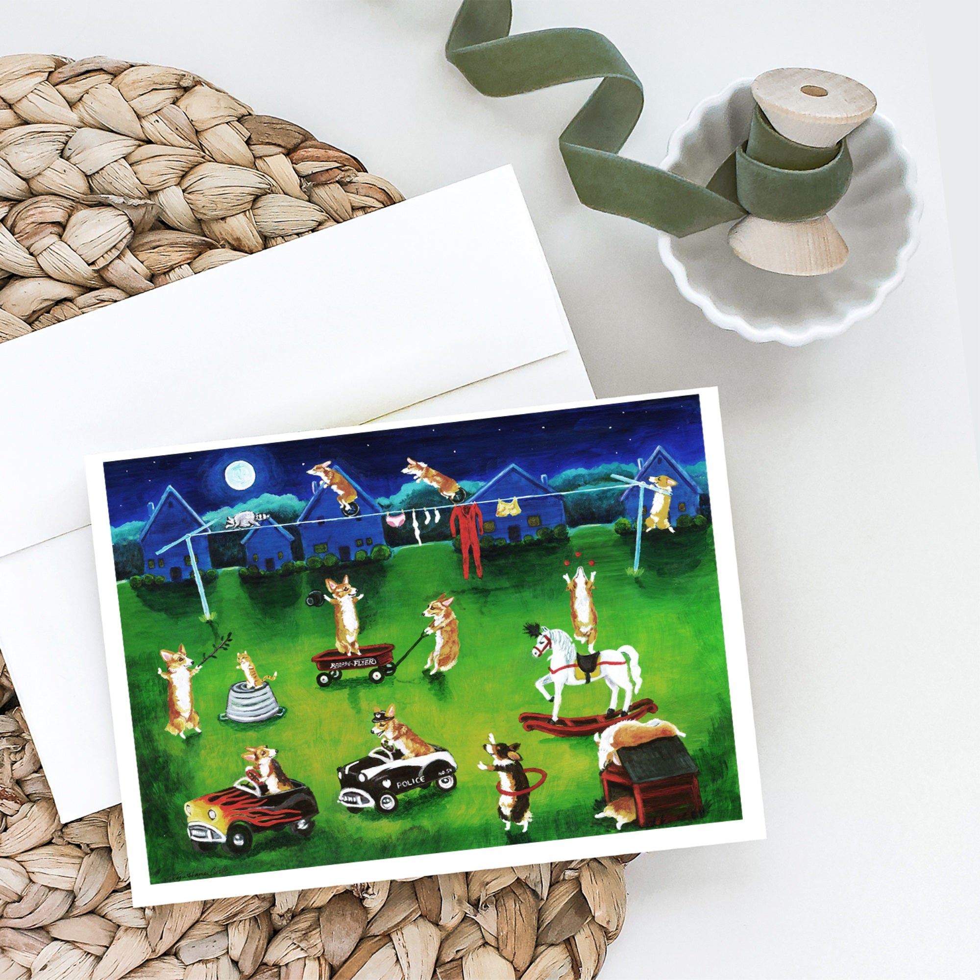 Corgi Backyard Circus Greeting Cards And Envelopes Pack Of 8
